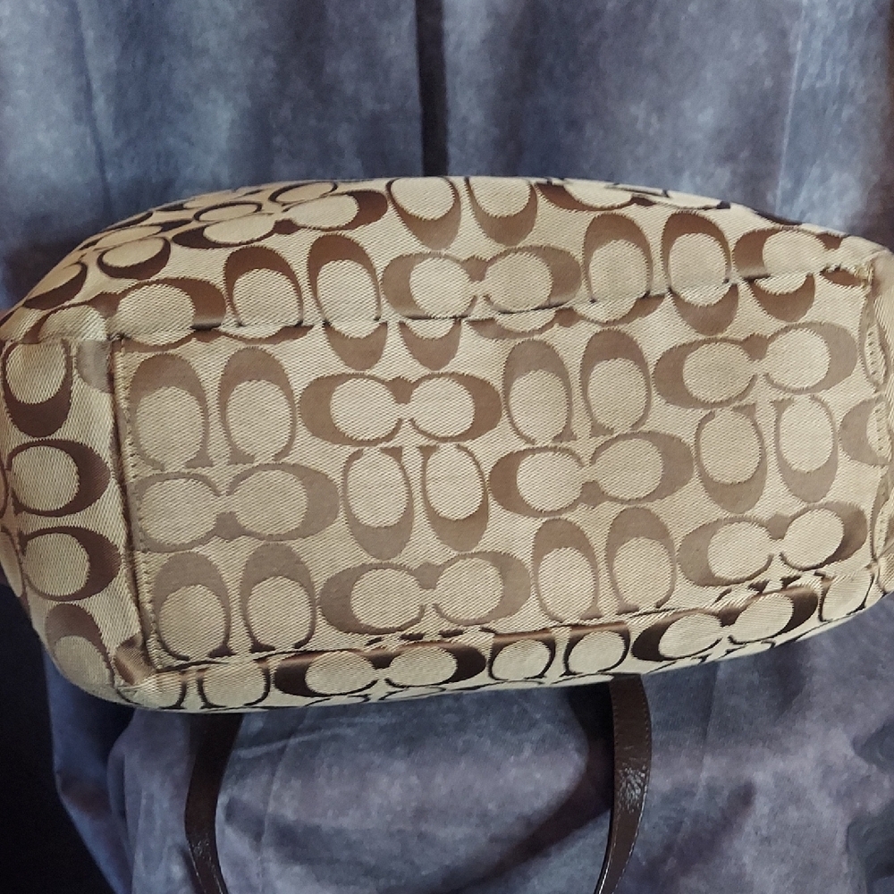 Coach Signature Demi Zip Shoulder Bag Khaki Brown Leather Jacquard Gold #19249 - Picture 7 of 12